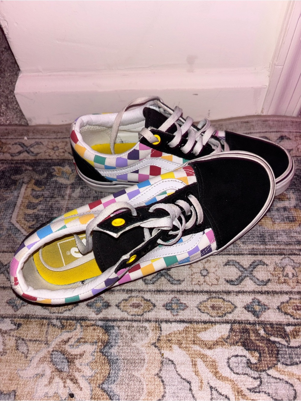 Vans Black Suede Toe Rainbow Checkerboard Low-Top Sneakers - Picture 2 of 3